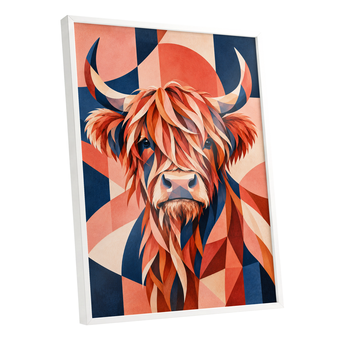 Highland Ember, orange, blue, beige nature wall art shown as a white framed poster wall art print