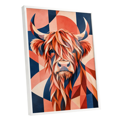 Highland Ember, orange, blue, beige nature wall art shown as a white framed poster wall art print