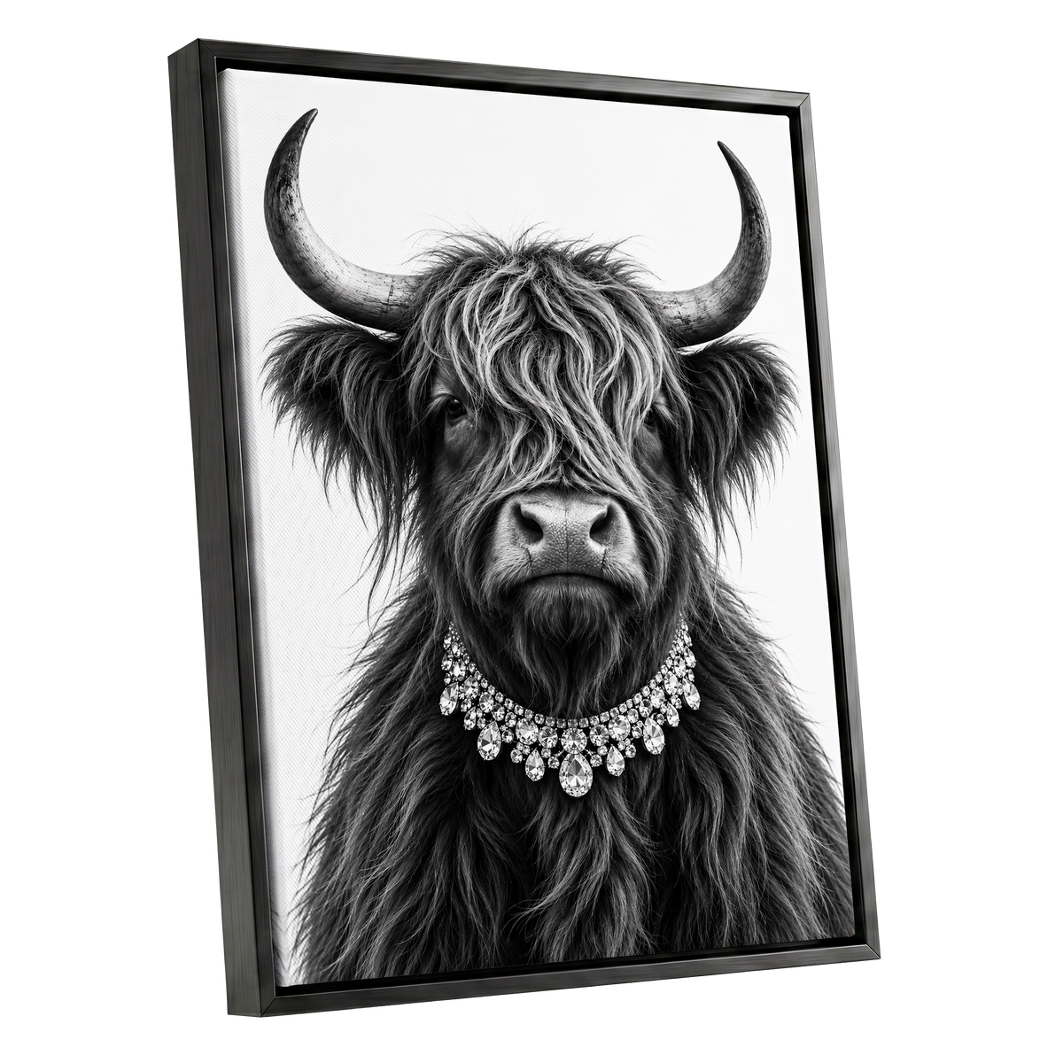 Highland Glamour, black, white, gray nature wall art shown as a black framed canvas wall art