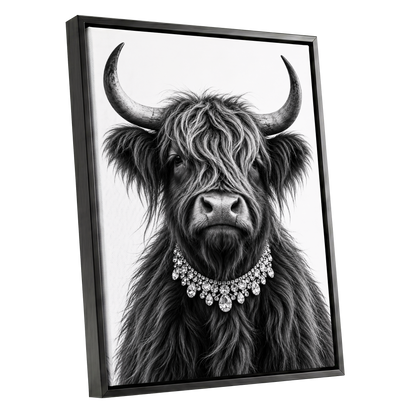 Highland Glamour, black, white, gray nature wall art shown as a black framed canvas wall art