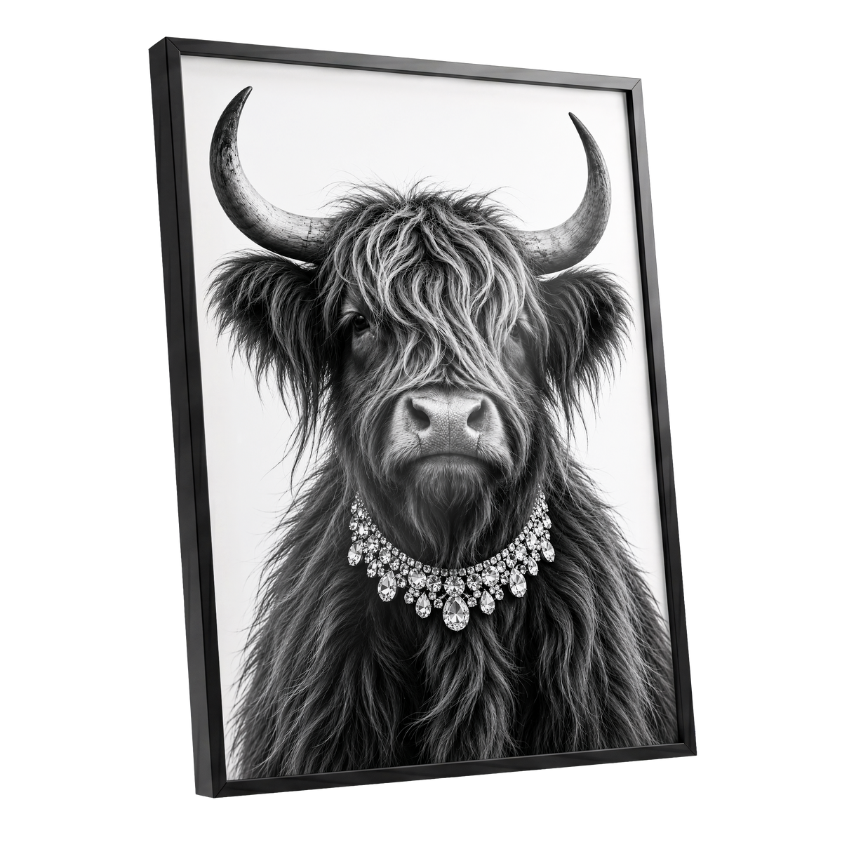 Highland Glamour, black, white, gray nature wall art shown as a black framed poster wall art print