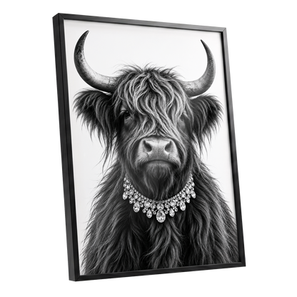 Highland Glamour, black, white, gray nature wall art shown as a black framed poster wall art print