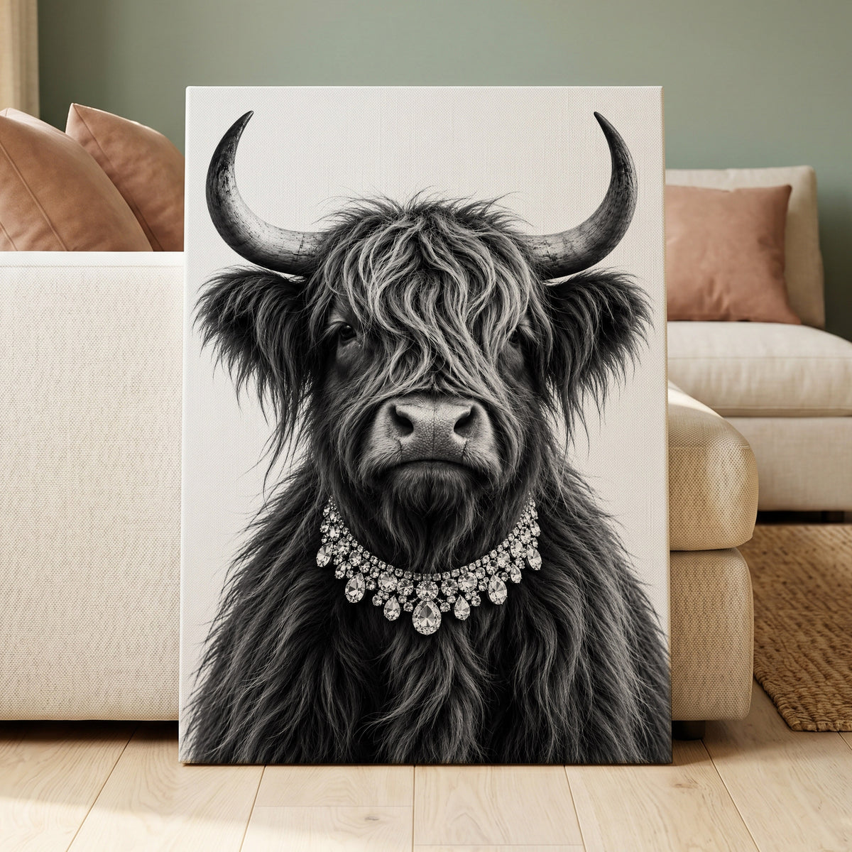 Highland Glamour, black, white, gray nature wall art on canvas displayed in a styled interior, gallery view 1