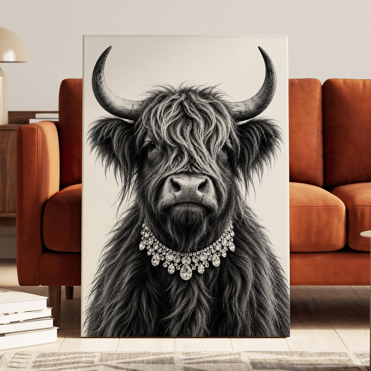 Highland Glamour, black, white, gray nature wall art on canvas displayed in a styled interior, gallery view 2
