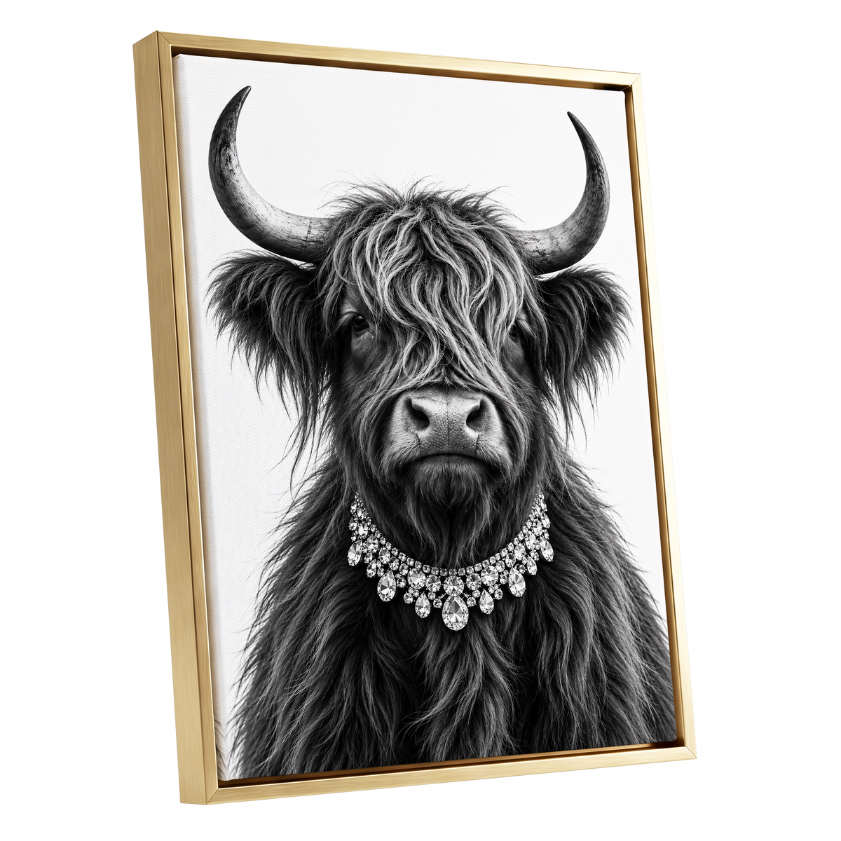 Highland Glamour, black, white, gray nature wall art shown as a gold framed canvas wall art