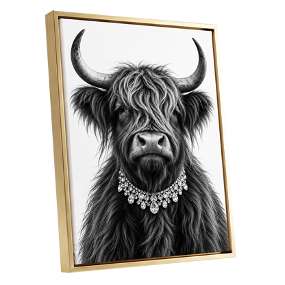 Highland Glamour, black, white, gray nature wall art shown as a gold framed canvas wall art