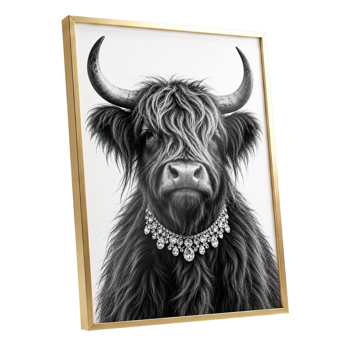 Highland Glamour, black, white, gray nature wall art shown as a gold framed poster wall art print