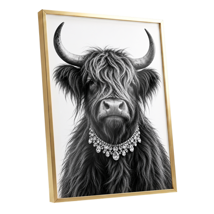 Highland Glamour, black, white, gray nature wall art shown as a gold framed poster wall art print