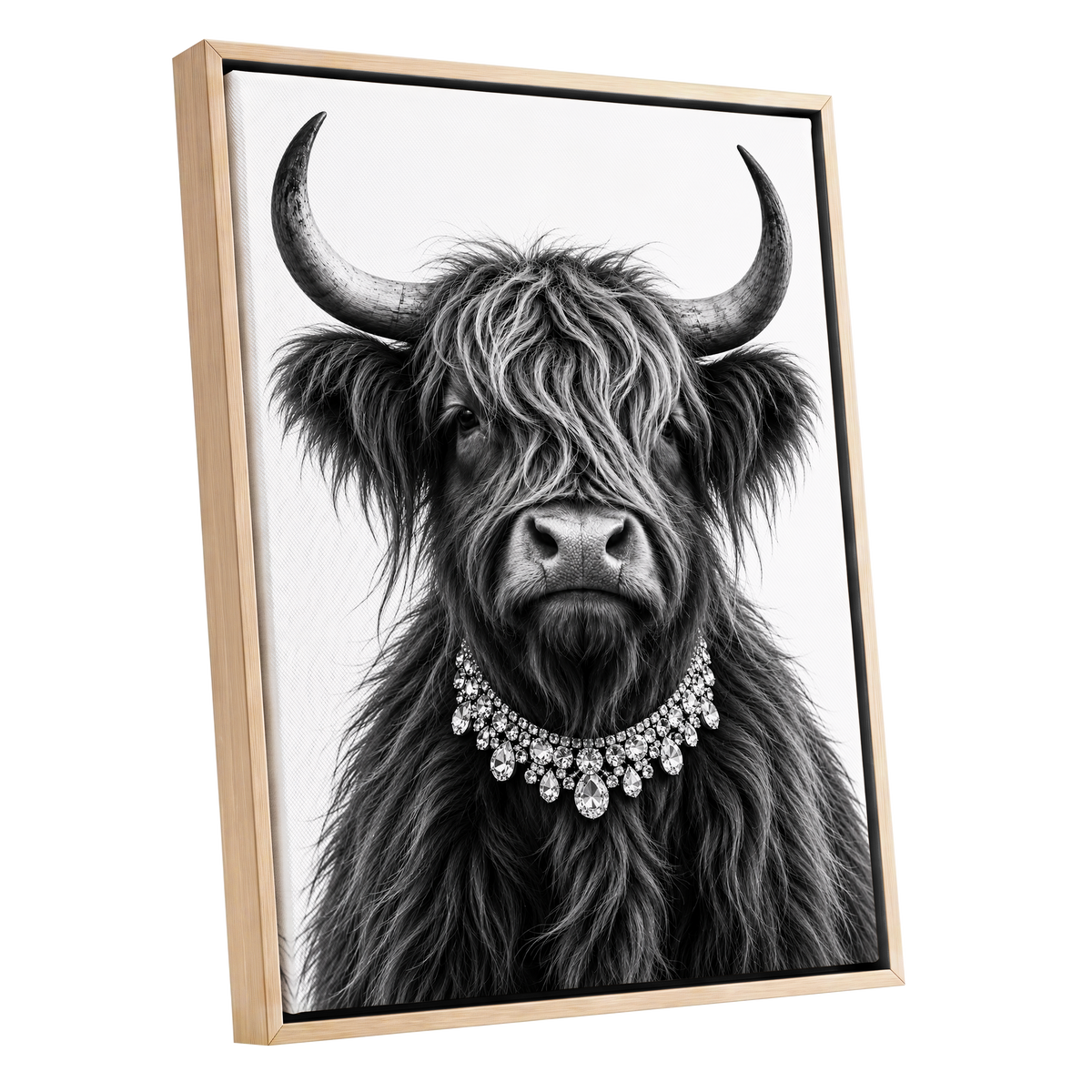 Highland Glamour, black, white, gray nature wall art shown as a oak framed canvas wall art