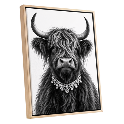 Highland Glamour, black, white, gray nature wall art shown as a oak framed canvas wall art