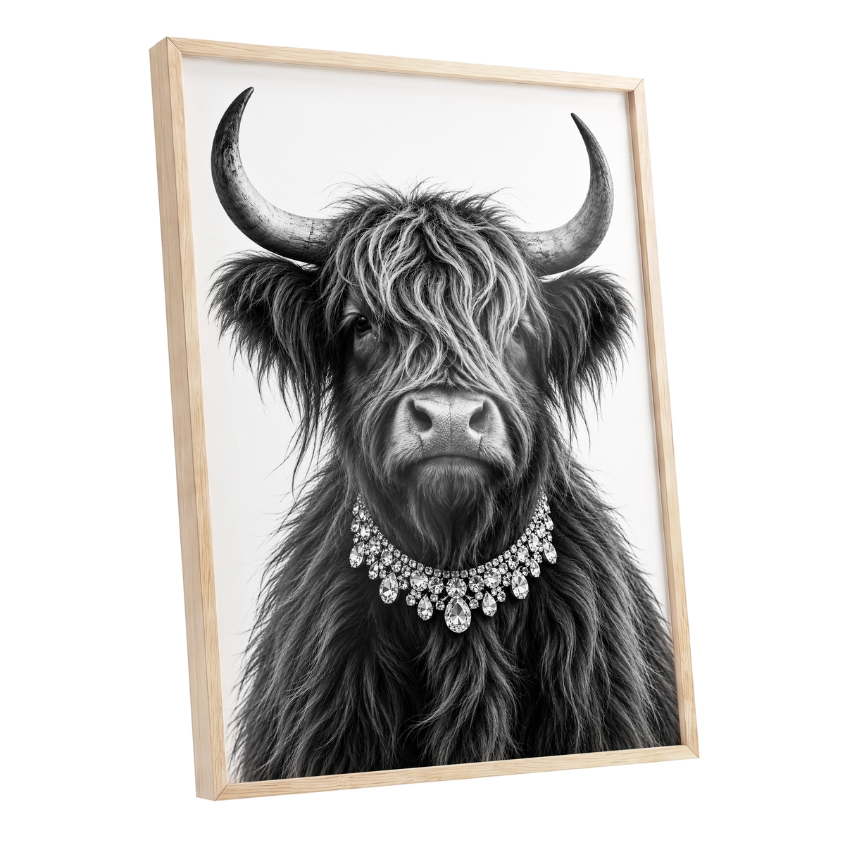 Highland Glamour, black, white, gray nature wall art shown as a oak framed poster wall art print