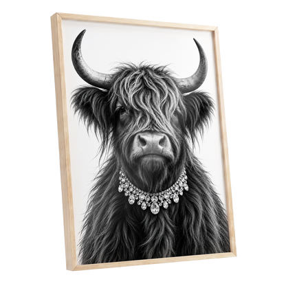 Highland Glamour, black, white, gray nature wall art shown as a oak framed poster wall art print