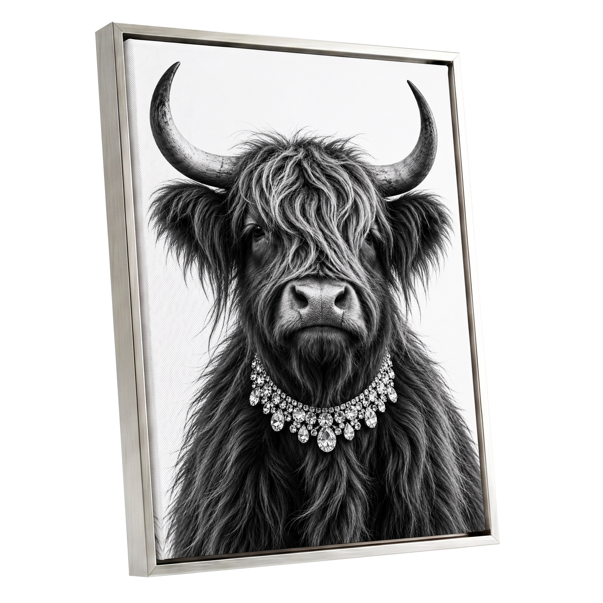 Highland Glamour, black, white, gray nature wall art shown as a silver framed canvas wall art