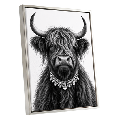 Highland Glamour, black, white, gray nature wall art shown as a silver framed canvas wall art
