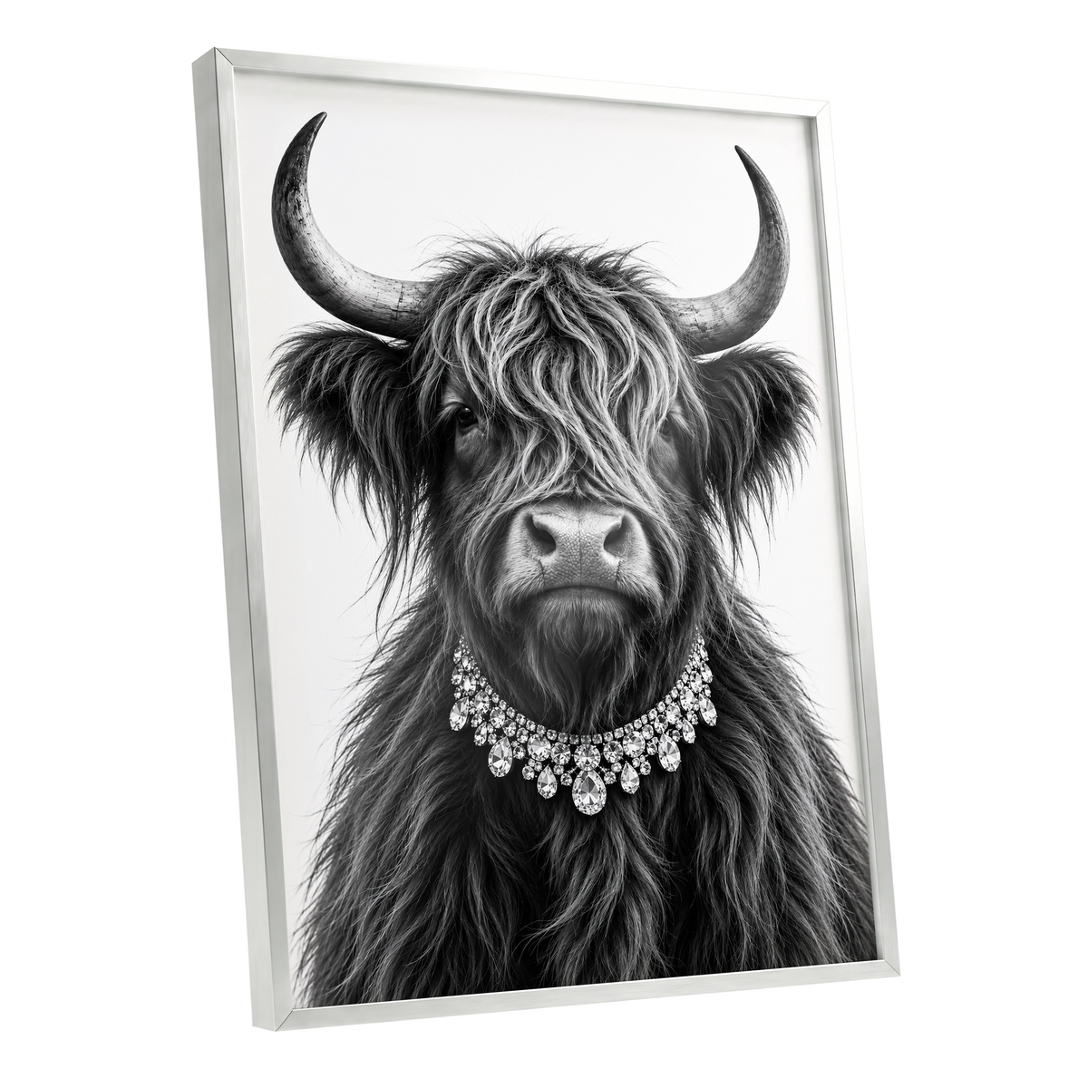 Highland Glamour, black, white, gray nature wall art shown as a silver framed poster wall art print