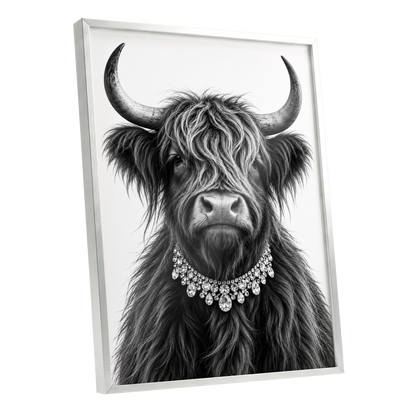 Highland Glamour, black, white, gray nature wall art shown as a silver framed poster wall art print