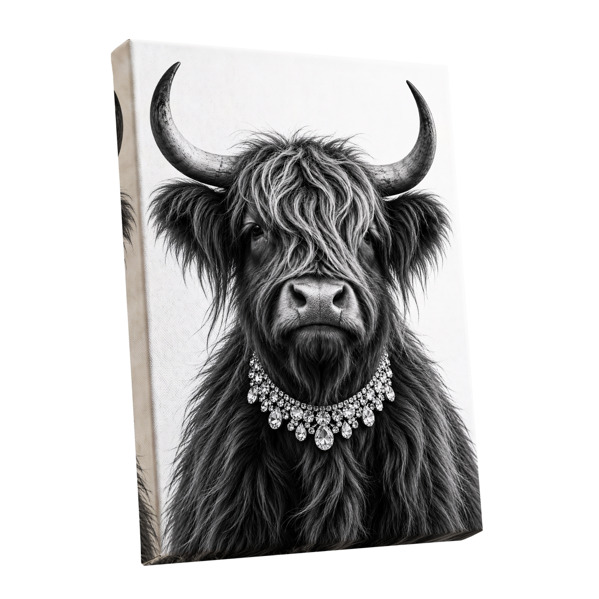 Highland Glamour, black, white, gray nature wall art shown as a stretched canvas wall art