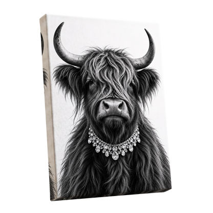 Highland Glamour, black, white, gray nature wall art shown as a stretched canvas wall art
