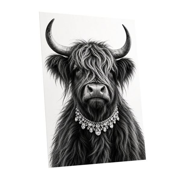 Highland Glamour, black, white, gray nature wall art shown as a unframed poster wall art print