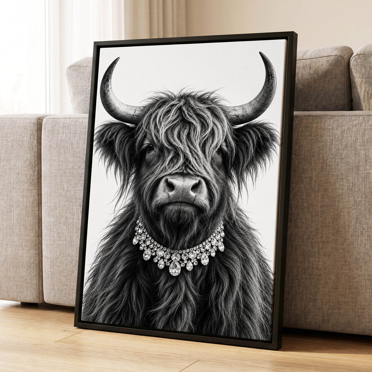 Highland Glamour, black, white, gray nature wall art displayed in a styled interior, gallery view 1