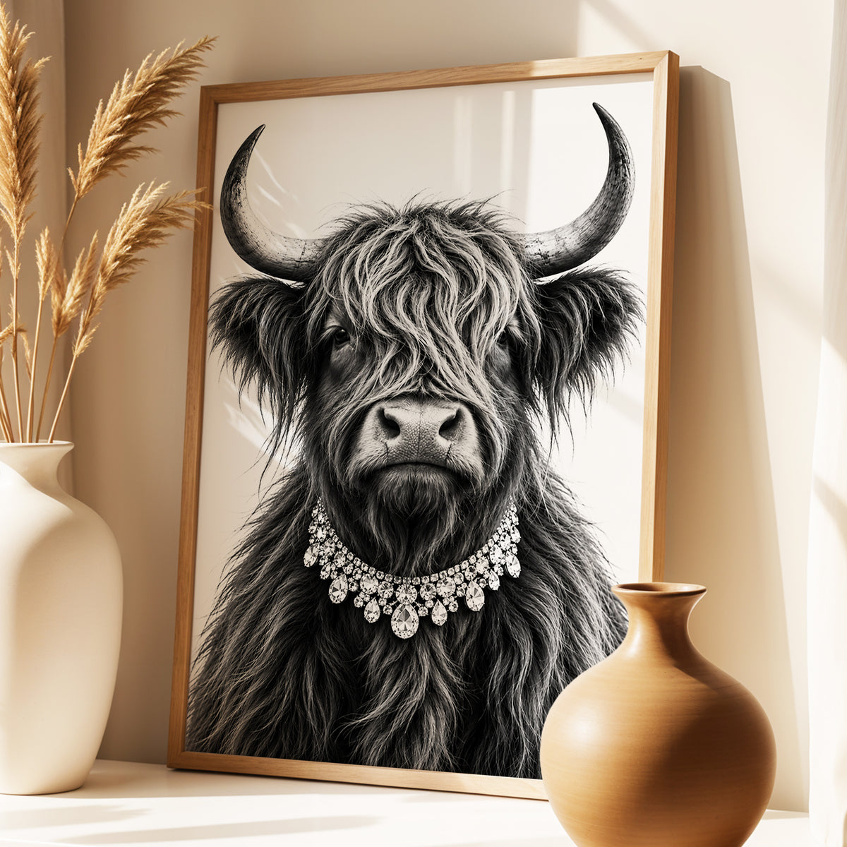 Highland Glamour, black, white, gray nature wall art displayed in a styled interior, gallery view 3