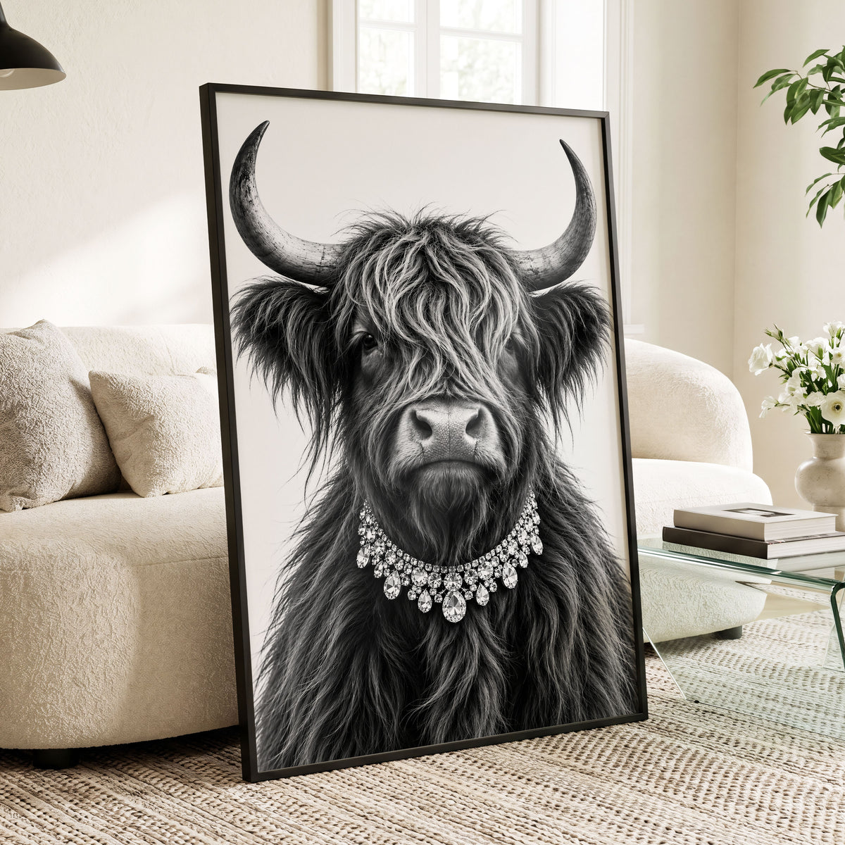 Highland Glamour, black, white, gray nature wall art displayed in a styled interior, gallery view 4