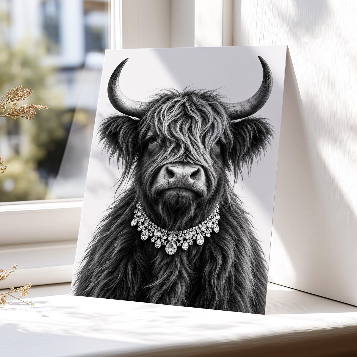 Highland Glamour, black, white, gray nature wall art displayed in a styled interior, gallery view 5