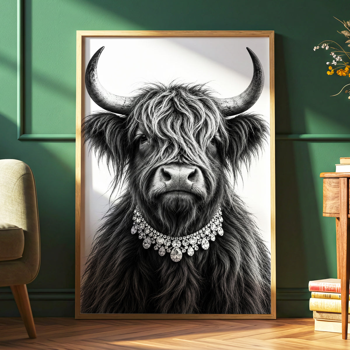 Highland Glamour, black, white, gray nature wall art displayed in a styled interior, gallery view 6