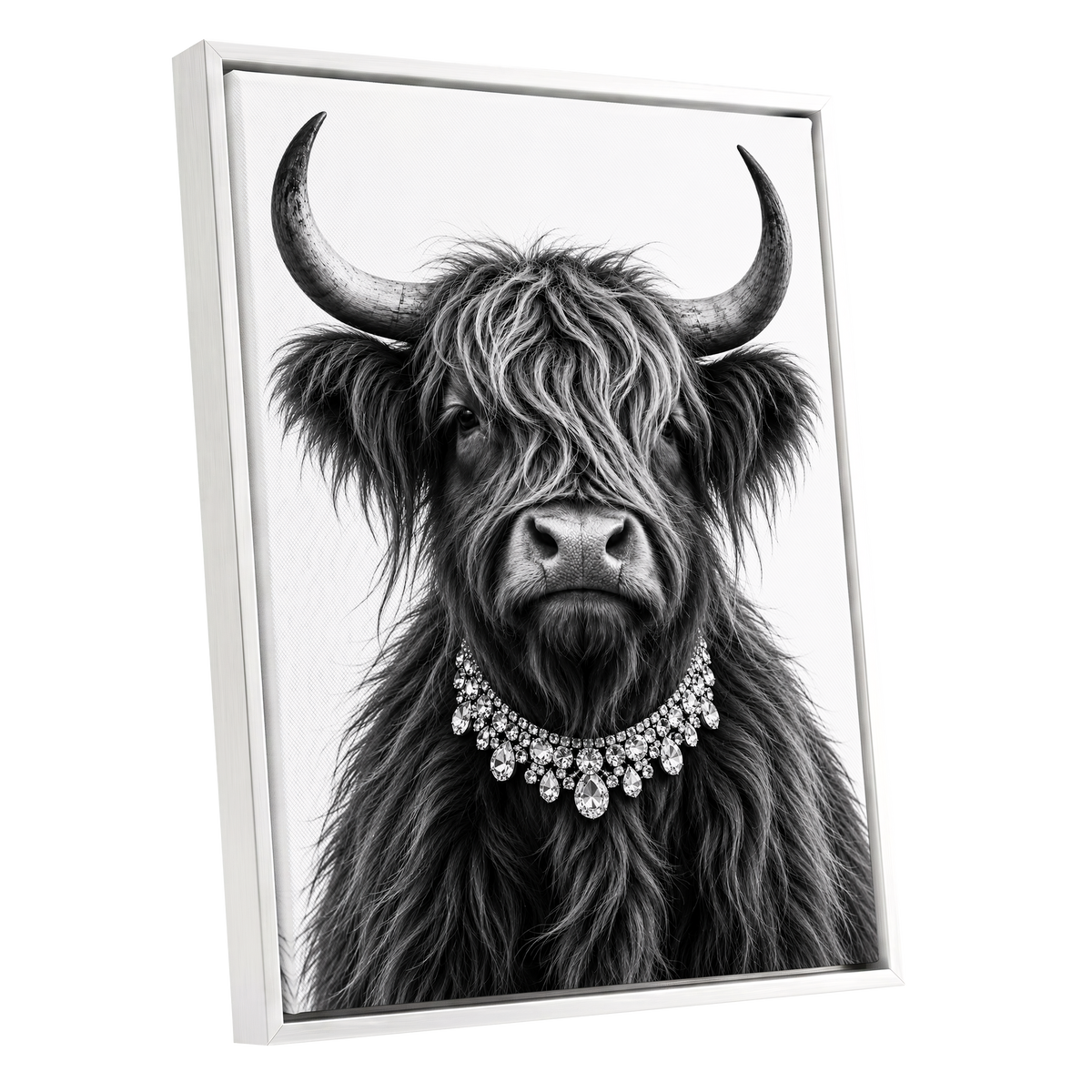 Highland Glamour, black, white, gray nature wall art shown as a white framed canvas wall art