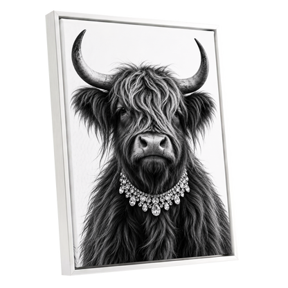 Highland Glamour, black, white, gray nature wall art shown as a white framed canvas wall art