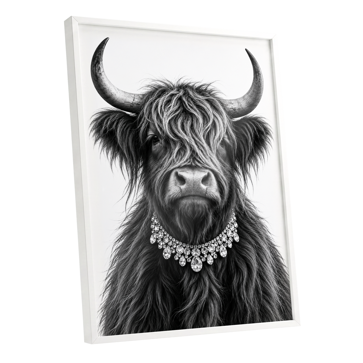 Highland Glamour, black, white, gray nature wall art shown as a white framed poster wall art print