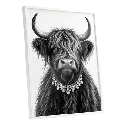 Highland Glamour, black, white, gray nature wall art shown as a white framed poster wall art print