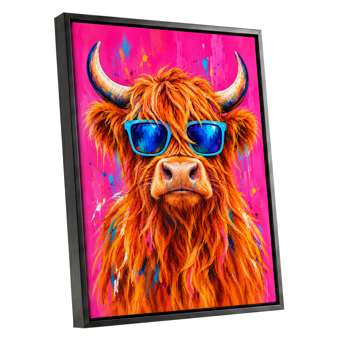 Highland Headliner, orange, pink, blue nature wall art shown as a black framed canvas wall art
