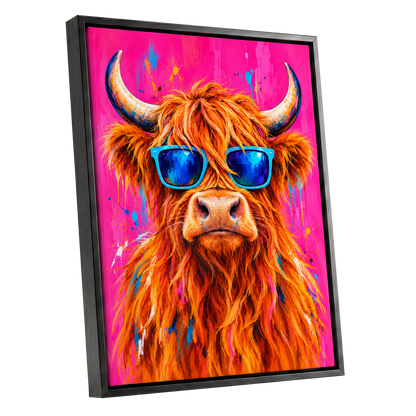 Highland Headliner, orange, pink, blue nature wall art shown as a black framed canvas wall art