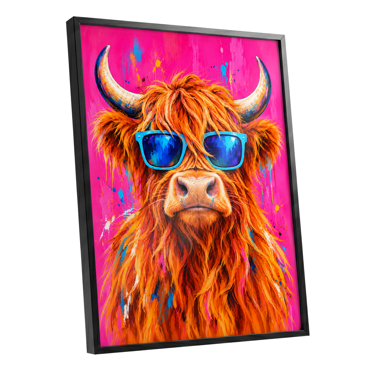 Highland Headliner, orange, pink, blue nature wall art shown as a black framed poster wall art print