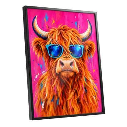 Highland Headliner, orange, pink, blue nature wall art shown as a black framed poster wall art print