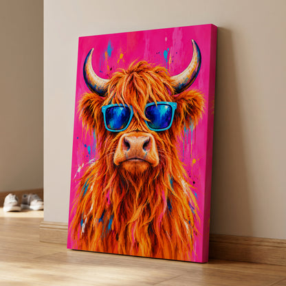 Highland Headliner, orange, pink, blue nature wall art on canvas displayed in a styled interior, gallery view 1