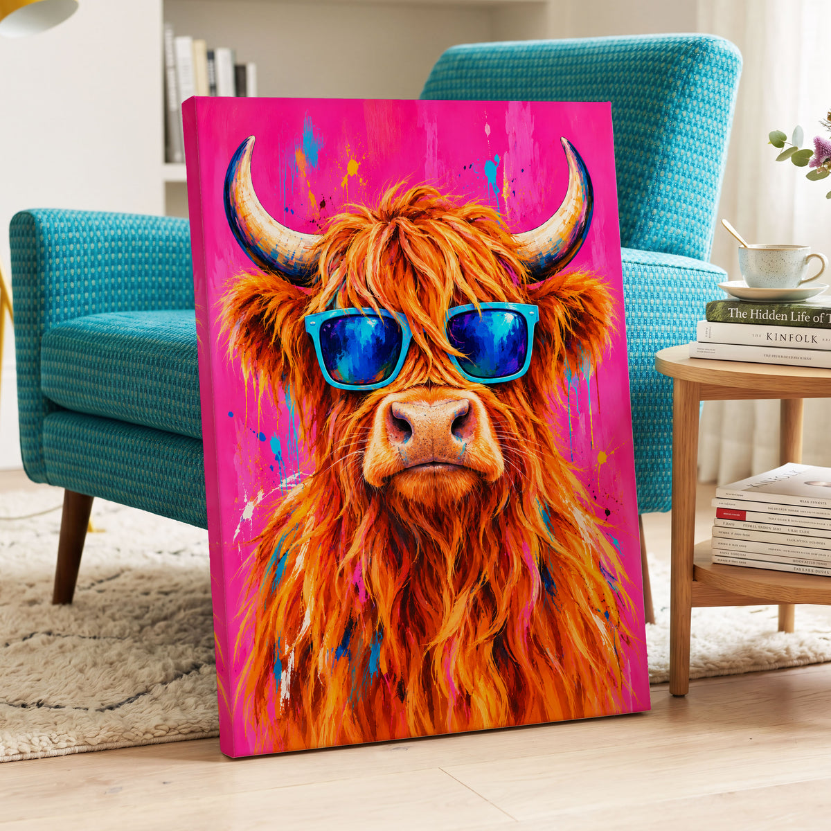Highland Headliner, orange, pink, blue nature wall art on canvas displayed in a styled interior, gallery view 2
