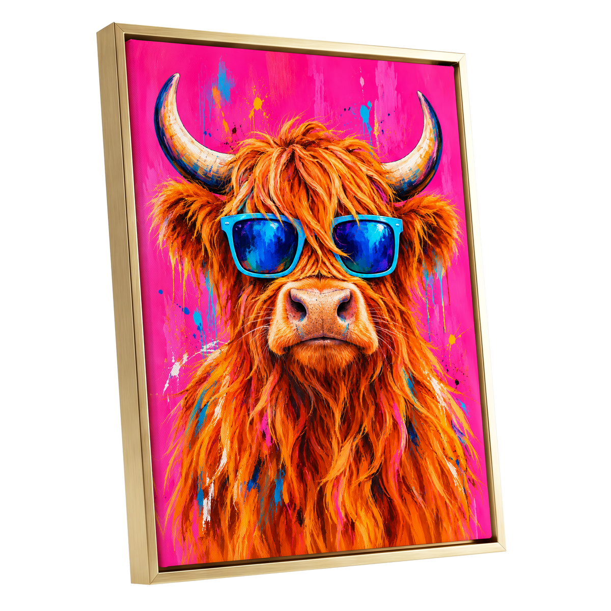 Highland Headliner, orange, pink, blue nature wall art shown as a gold framed canvas wall art