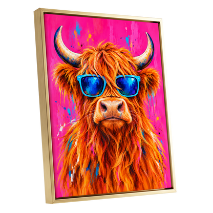 Highland Headliner, orange, pink, blue nature wall art shown as a gold framed canvas wall art