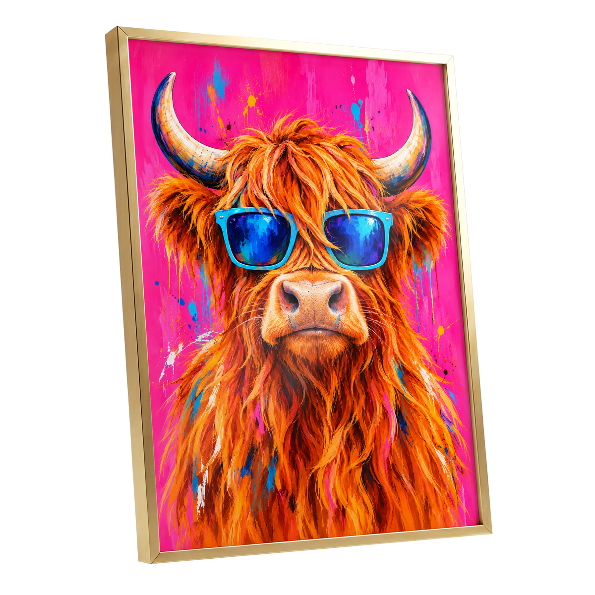 Highland Headliner, orange, pink, blue nature wall art shown as a gold framed poster wall art print