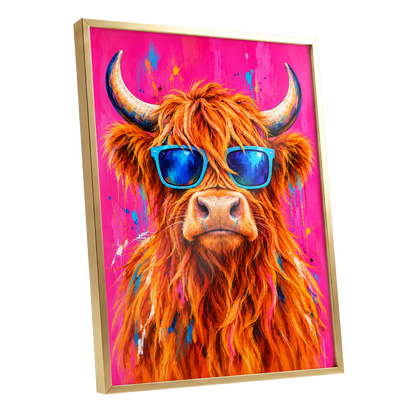 Highland Headliner, orange, pink, blue nature wall art shown as a gold framed poster wall art print