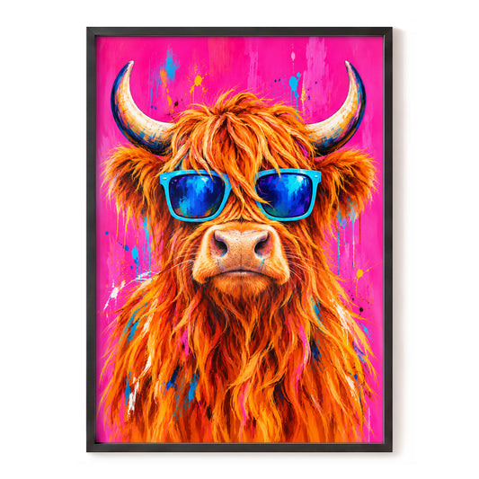 Highland Headliner, orange, pink, blue nature wall art, front artwork view