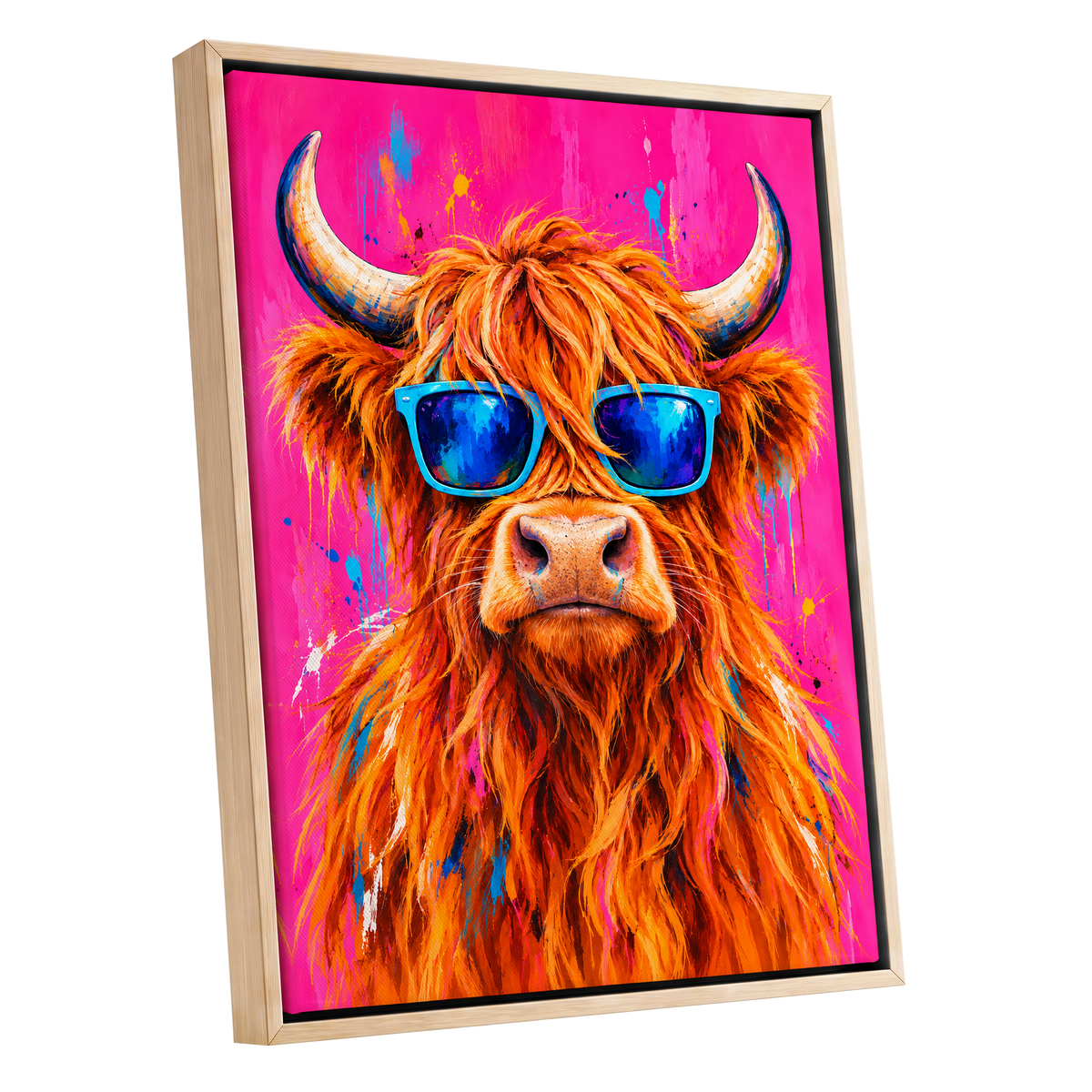 Highland Headliner, orange, pink, blue nature wall art shown as a oak framed canvas wall art