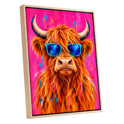 Highland Headliner, orange, pink, blue nature wall art shown as a oak framed canvas wall art