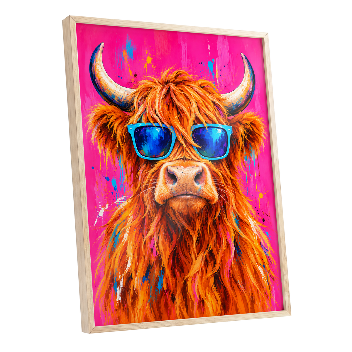 Highland Headliner, orange, pink, blue nature wall art shown as a oak framed poster wall art print