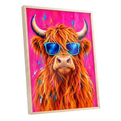 Highland Headliner, orange, pink, blue nature wall art shown as a oak framed poster wall art print