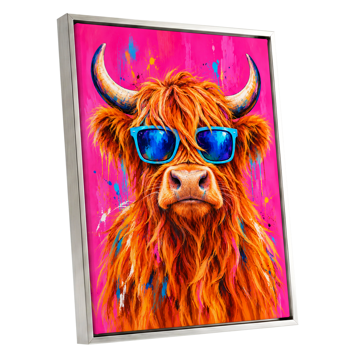 Highland Headliner, orange, pink, blue nature wall art shown as a silver framed canvas wall art