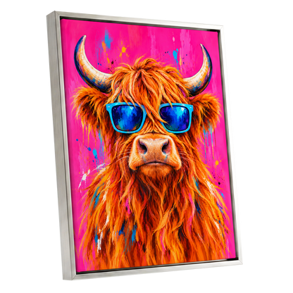 Highland Headliner, orange, pink, blue nature wall art shown as a silver framed canvas wall art