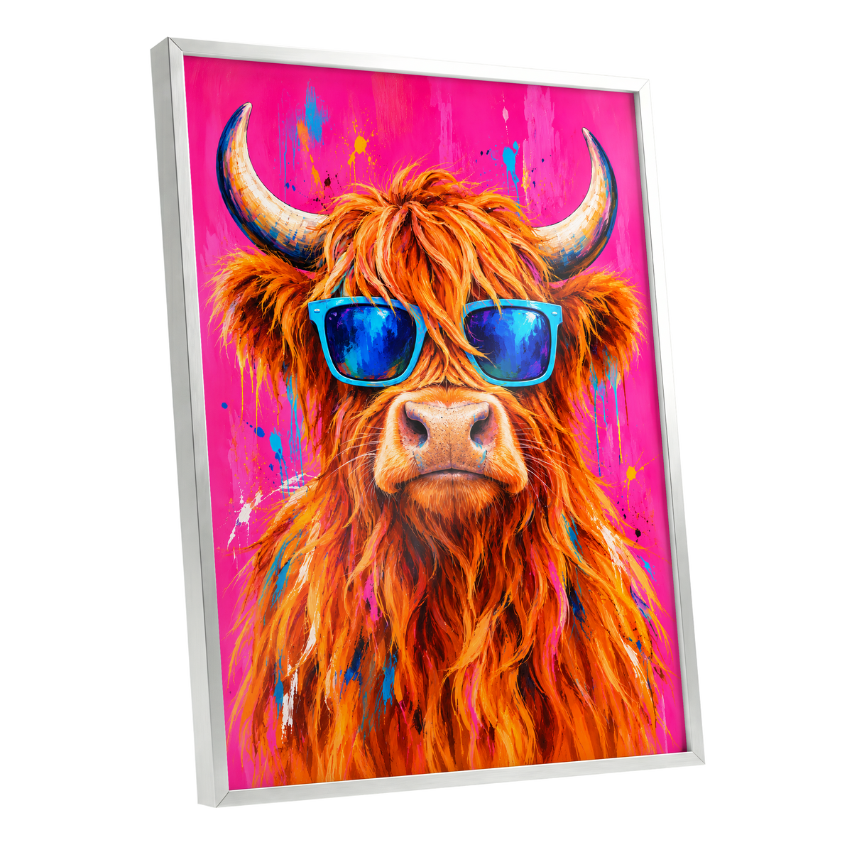 Highland Headliner, orange, pink, blue nature wall art shown as a silver framed poster wall art print